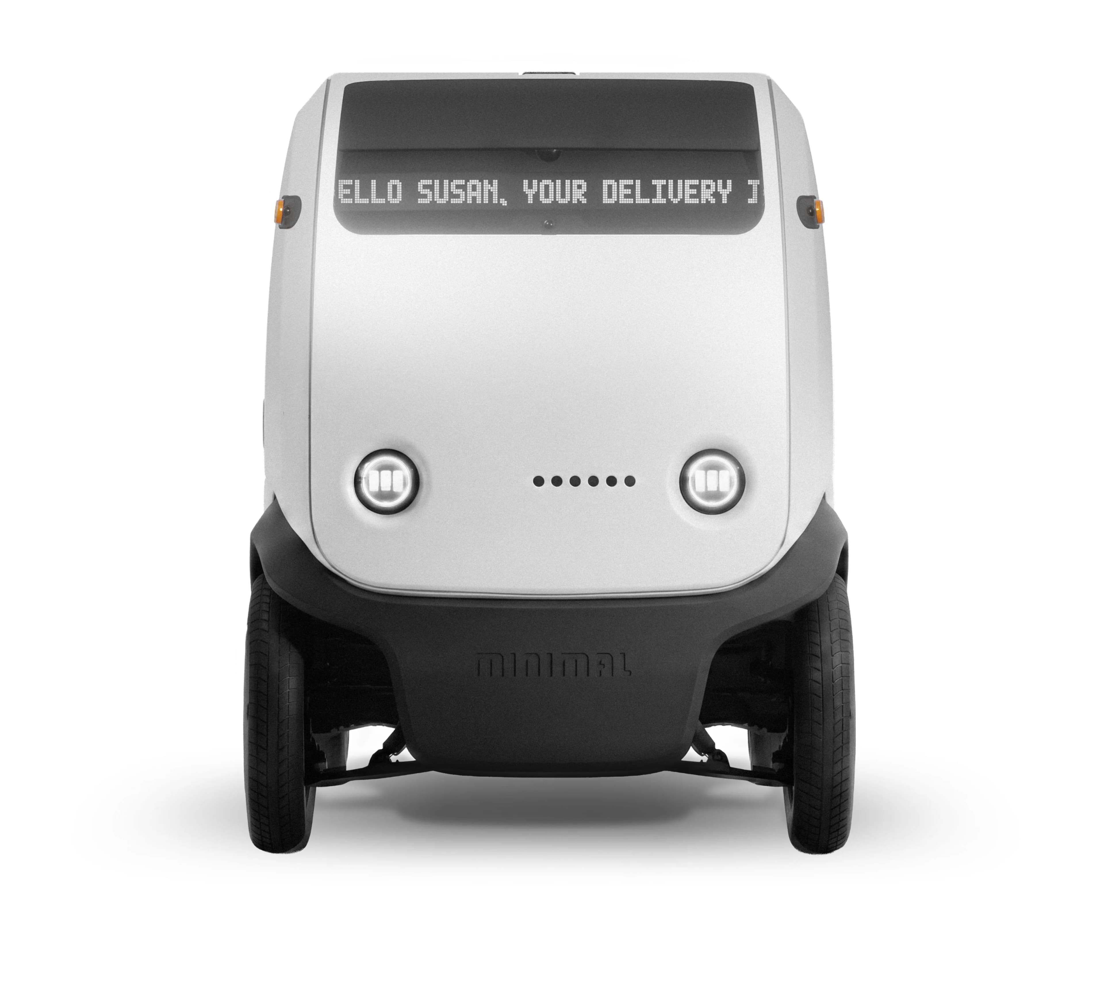 The Minimal delivery robot seen head-on, its display greeting a customer by name