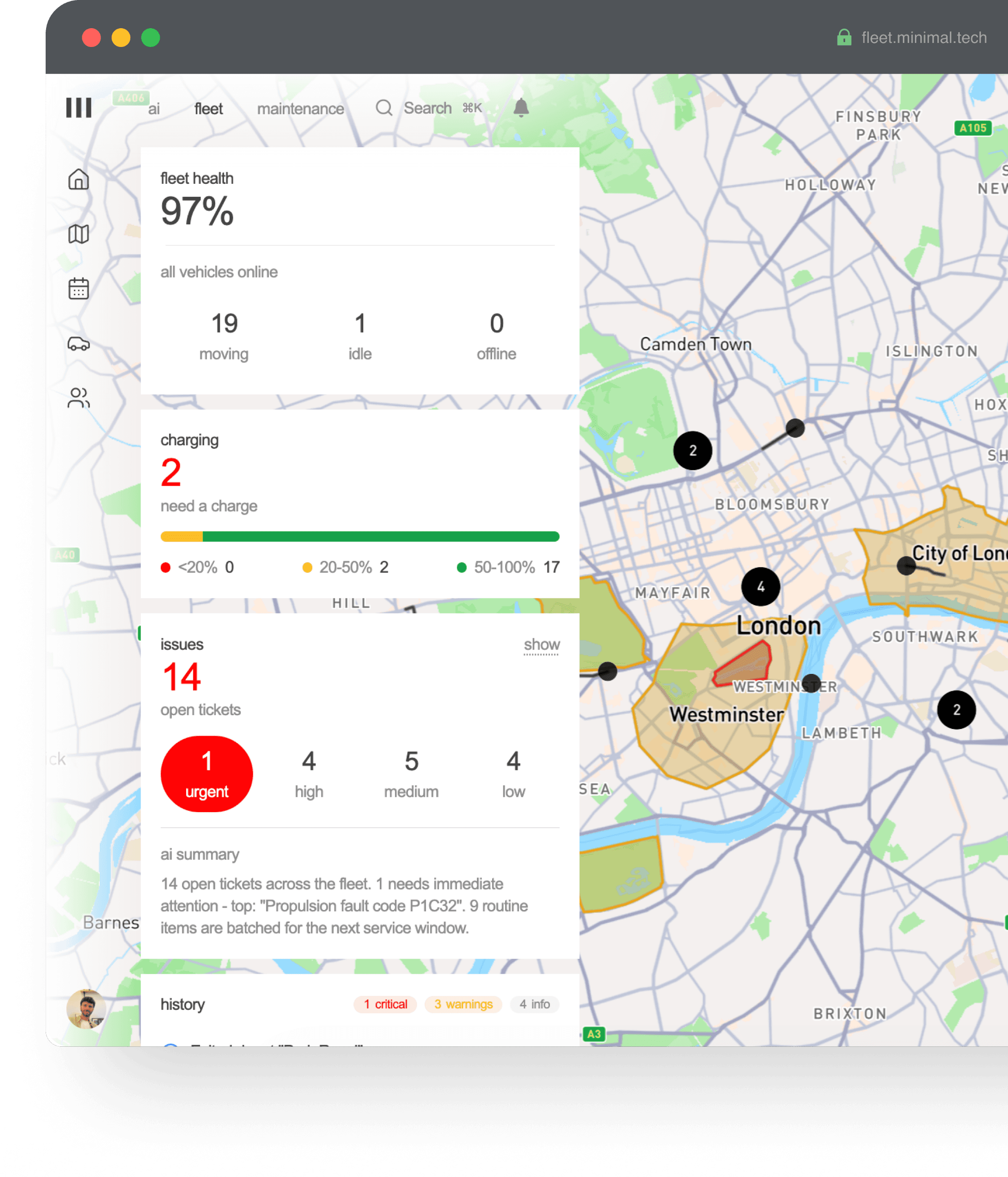 The FleetOS dashboard showing a live map of a delivery fleet