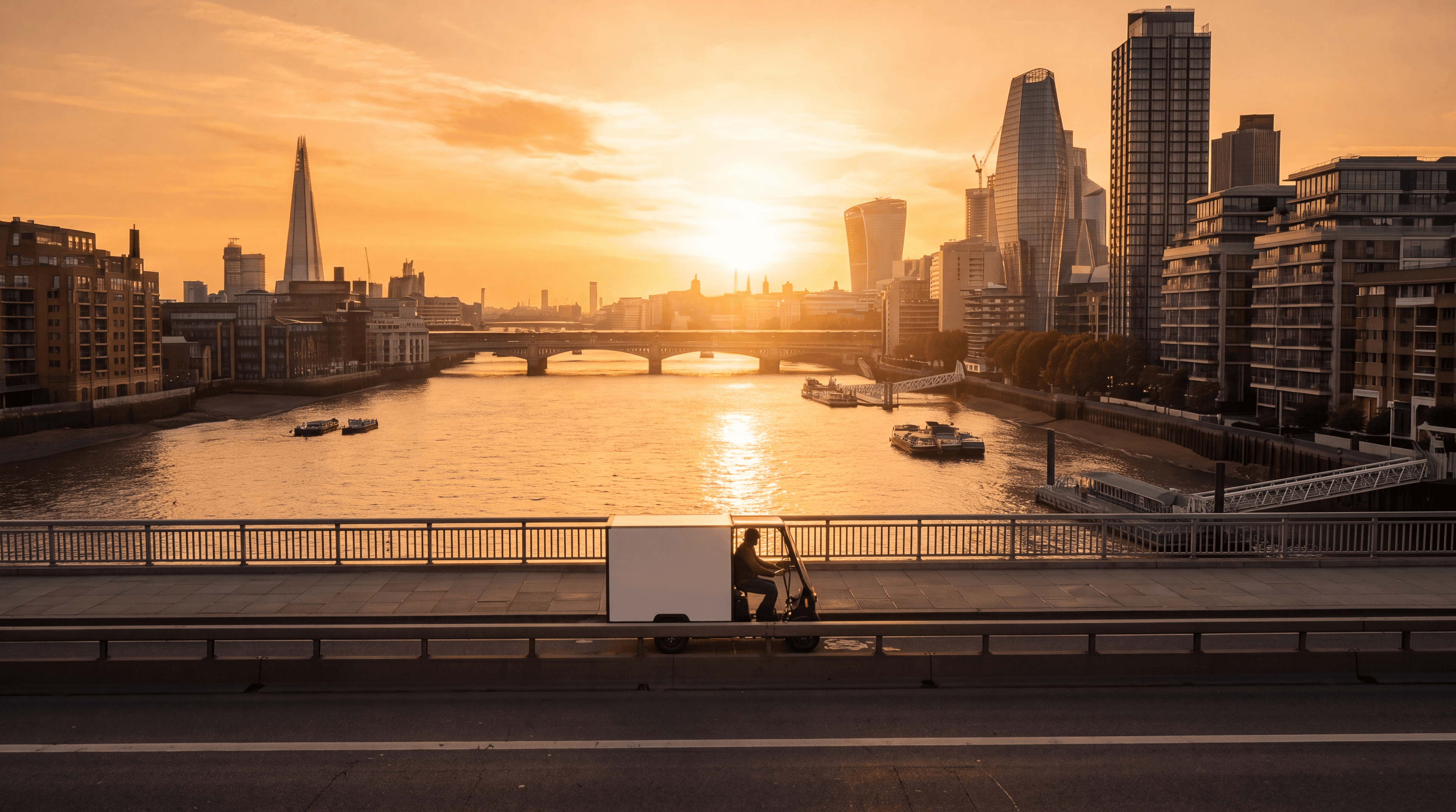 A Minimal electric delivery vehicle crossing a London bridge at sunrise, with the River Thames and the City of London skyline behind