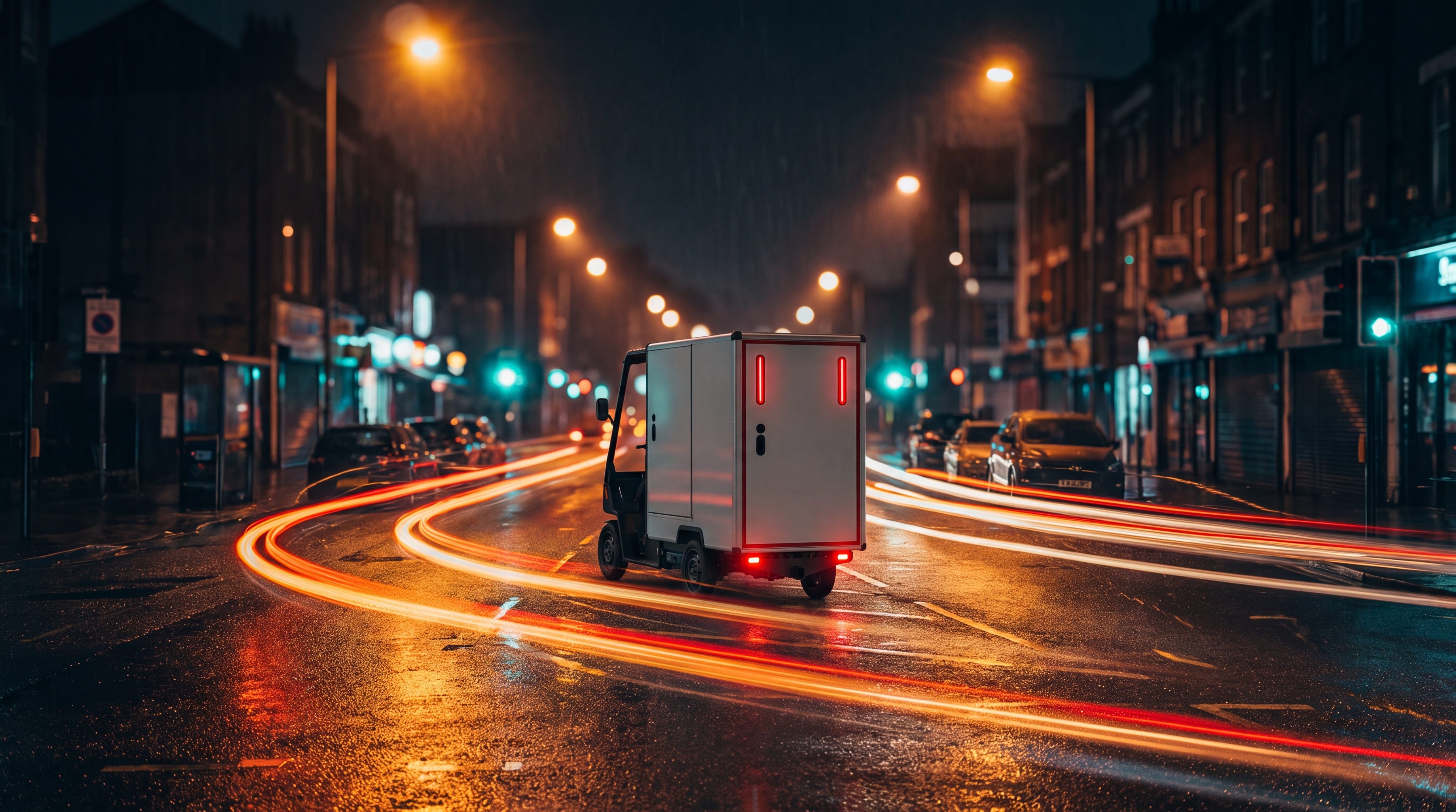 A Minimal delivery vehicle on a rain-soaked city street at night, lit by streetlights and shopfronts